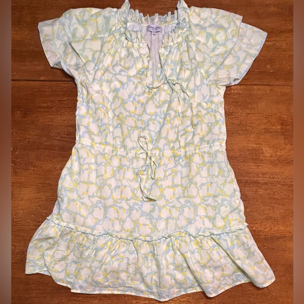 Olivia James Blue & Pale Yellow Ruffle Hem Lined Dress with Pockets-